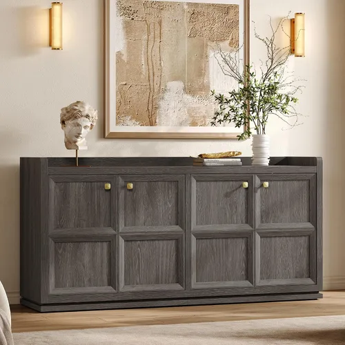 Vista 14 de SICOTAS - Armario buffet de 61.7 pulgadas, aparador de 4 puertas, cocina, sala de estar, roble marrón Geometric Doors & Elegant Gold Handle