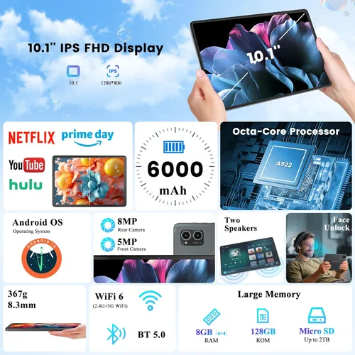 Vista 2 de Tablet Android 14, tableta de 10.1 pulgadas, procesador A523 Octa Core, 8GB+128GB+2TB Expandir tabletas de computadora, batería de 6000mAh, pantalla