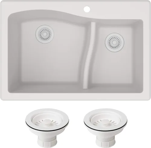 Vista 16 de Kraus Quarza - Fregadero de cocina de doble seno 60/40 de granito de instalación empotrada/sobre encimera, 33 pulgadas, color negro, KGD-442BLACK