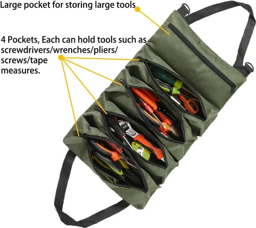 Vista 6 de Bolsa de herramientas enrollable resistente – Organizador de rollos de herramientas de mano de 5 bolsillos Bolsa de herramientas impermeable