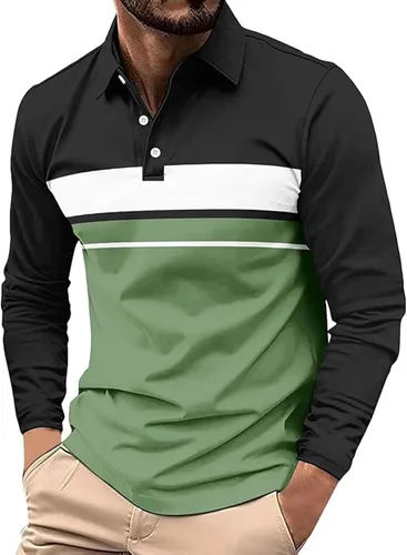 Vista 3 de Polo para hombre, manga larga, ajustado, a rayas, con cuello, talla grande, para golf y otoño