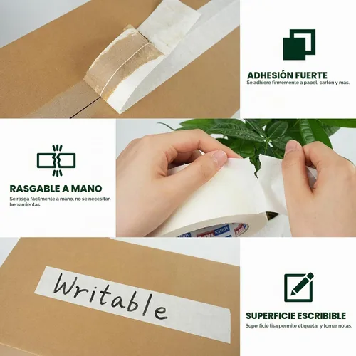 Vista 4 de ADHES - Cinta de papel kraft blanca, 2 pulgadas x 55 yardas, 3 rollos de cinta de papel resistente para escribir y sin recubrimiento, cinta