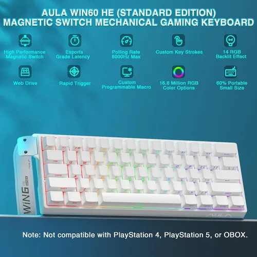 Vista 2 de Aula WIN60 HE - Teclado mecánico 60% para juegos con cable, interruptor magnético de efecto Hall intercambiable en caliente, modo RT