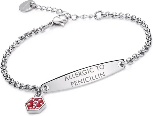 Vista 114 de LinnaLove - Pulsera de identificación de alerta médica con cadena Rolo simple pregrabada para mujer