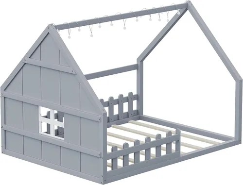 Vista 7 de Bellemave Cama de casa tamaño matrimonial, cama de piso de madera para niños, cama Montessori con barandillas y listones para niños y niñas, altura