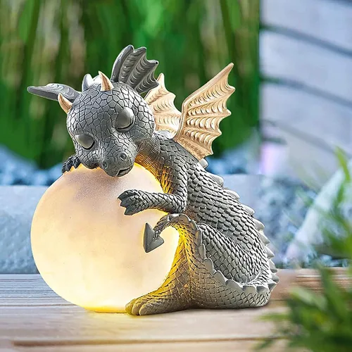 Vista 3 de G Ganen Estatua de dragón de jardín, esculturas de dinosaurio de resina para exteriores, bonitas figuras de dragón de jardín con luces LED