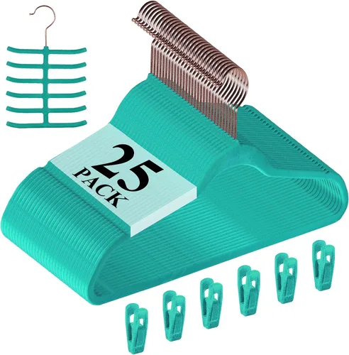 Vista 26 de VECELO Perchas de Terciopelo Premium para Ropa de Servicio Pesado (Paquete de 25) - Antideslizantes y que Ahorran Espacio con 6 Clips para Dedos