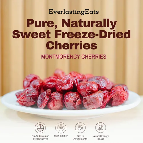 Vista 3 de Cerezas agrias Montmorency liofilizadas, sin azúcar añadida, sin gluten, aperitivo crujiente, una sola porción 1.5 onzas EverlastingEats