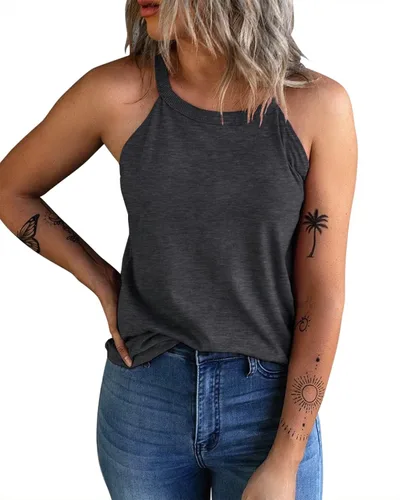 Vista 10 de KINLONSAIR - Camisetas sin mangas de verano para mujer con cuello redondo, estilo halter, para entrenamiento, casual, de tirantes, básicas A16_salmón