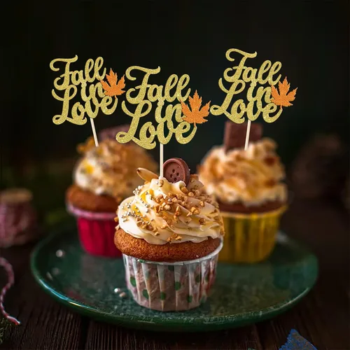 Vista 4 de Rsstarxi Paquete de 24 adornos para cupcakes con hojas de otoño, día de Acción de Gracias, palillos de dientes, despedida de soltera, decoración