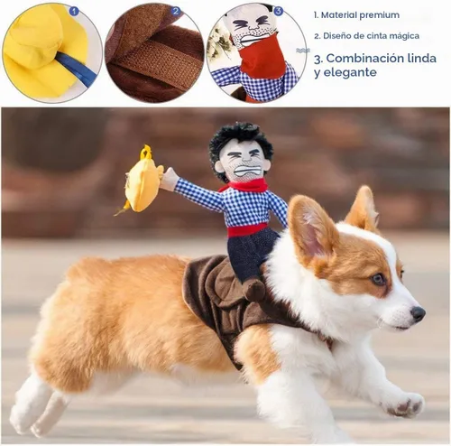 Vista 5 de iSmarten Disfraz de mascota para perro, traje para mascotas, traje de vaquero estilo jinete con muñeca y sombrero, disfraz para mascotas (S)