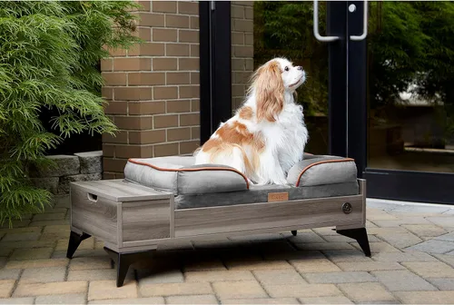 Vista 2 de Cama de madera para perros con colchón, elevada de pequeña a media, resistente al agua, cama para mascotas de madera con almacenamiento, certificado