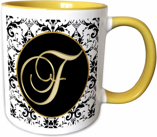Vista 11 de 3dRose Image of The Script Letter F in Black White and Gold 11oz Two-Tone Black Mug