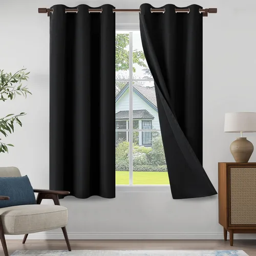 Vista 24 de Cortinas texturizadas de lino 100% opacas de 64 pulgadas de largo, juego de 2 paneles para granja, casa de campo, cortinas ligeras con ojales