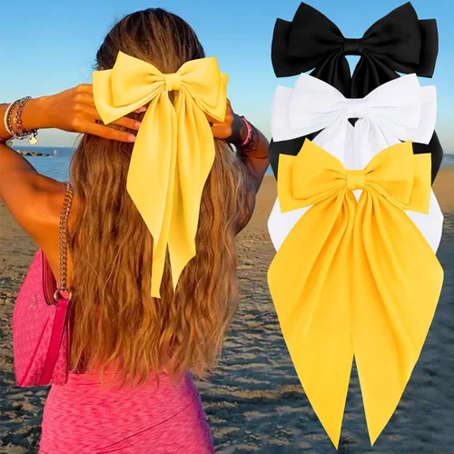 Vista 26 de Velscrun Lazos para el cabello para mujeres y niñas, 3 unidades, lazo blanco, lazo negro, azul marino, lazos grandes para el cabello con clip, lazos
