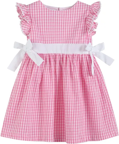 Vista 6 de Lil cactus Vestido fruncido para niñas, vestido de algodón con mangas y Azul (Blue Gingham)