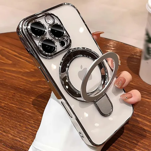 Vista 6 de Funda para iPhone 13 Pro Max de 6.7", compatible con MagSafe, cubierta de teléfono transparente con chapado de lujo a prueba de golpes con soporte
