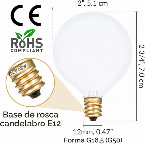 Vista 2 de Simba Lighting Bombilla pequeña de globo G16.5 redonda de 40 W, base E12 de candelabro (paquete de 10) para candelabro, luz de ventilador de techo