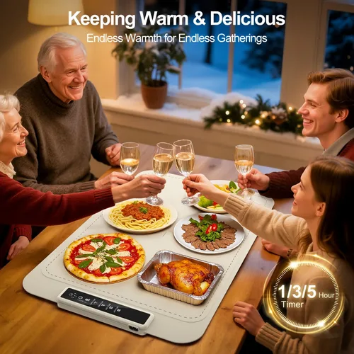 Vista 4 de Tapete de calentamiento para alimentos – Bandeja de calentamiento eléctrica con 4 ajustes de temperatura y temporizador, alfombrilla portátil