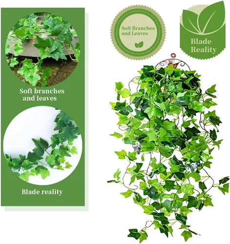 Vista 4 de 3 plantas colgantes artificiales de hojas de enredadera, planta colgante falsa de 3.44 pies, 5 plantas de vid falsas bifurcadas para pared