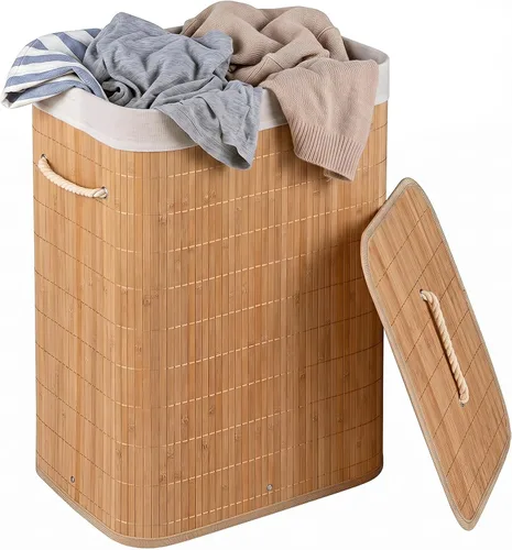 Vista 14 de Cesta de lavandería de bambú Giantex con tapa, cesta grande y alta de 72L para ropa con forro y asas extraíbles, cesta de lavandería rectangular