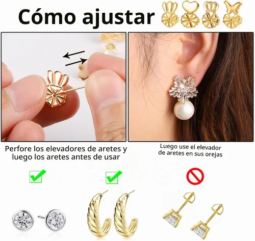 Vista 2 de Pendiente de oro de 18 quilates para orejas caídas, 8 levantadores seguros