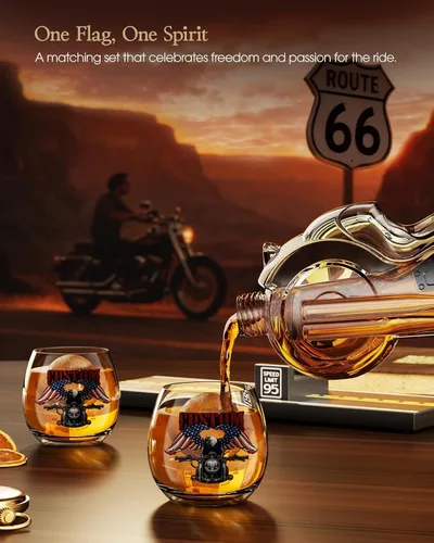 Vista 5 de Kollea Regalos de cumpleaños para hombres, papá, juego de decantador de whisky de motocicleta con 2 vasos, dispensador de licor para bar en casa