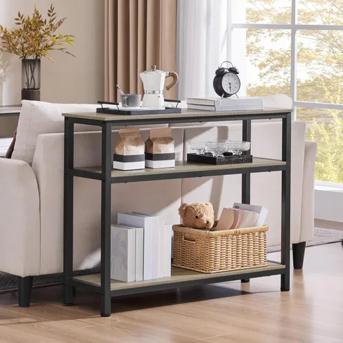 Vista 4 de Yaheetech Mesa de entrada con estantes de almacenamiento, mesa consola de 40 pulgadas con marco de metal, madera detrás del sofá, mesas para Gris