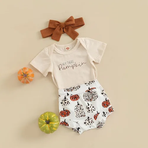Vista 3 de Conjunto de ropa de manga corta para bebé niña de Halloween, con letras de calabaza, camiseta y pantalones cortos, con diadema y pantalón corto