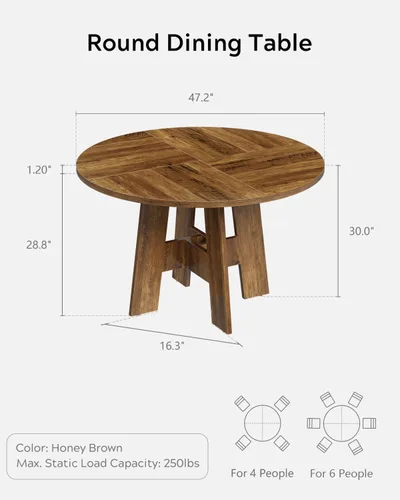 Vista 2 de Mesa de comedor redonda para 4-6 personas, mesa de cocina de granja de 47 pulgadas con patas resistentes, mesa de comedor circular de madera rústica