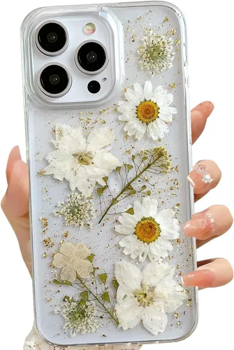 Vista 26 de LSEEKA Funda transparente para iPhone 11 con diseño de flores prensadas reales, linda y brillante, patrón floral rosa, funda protectora delgada