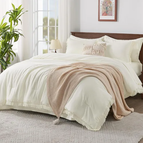 Vista 26 de Andency Juego de ropa de cama con edredón tamaño matrimonial beige con sábanas - 7 piezas, estilo bohemio con borlas, ropa de cama ligera en una 01