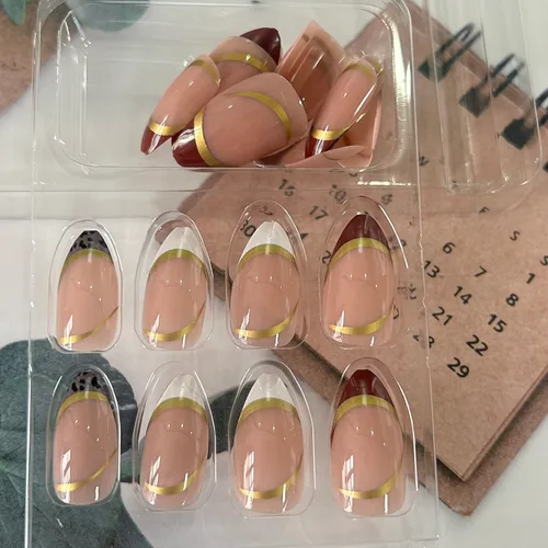 Vista 6 de Uñas postizas cortas francesas en forma de almendra con diseño de línea dorada y estampado de leopardo, uñas artificiales acrílicas de cobertura