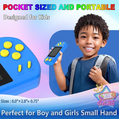 Vista 4 de Juegos de mano para niños con 218 juegos de video incorporados, juguetes de viaje portátiles para niños de 4 a 13 años con batería recargable, Azul