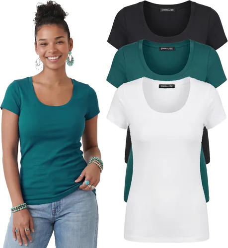 Vista 19 de Emmalise - Camiseta de manga corta para mujer, cuello redondo, estilo básico, pack de valor, tallas junior y grandes