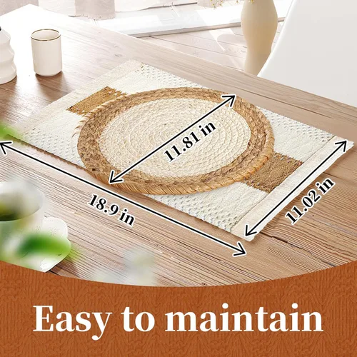 Vista 3 de Juego de 6 manteles individuales hechos a mano, hechos a mano, arpillera de algodón natural y paja de agua, combinados, decoración de macramé