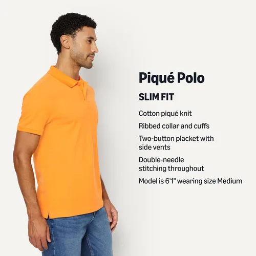 Vista 4 de Amazon Essentials Camiseta polo para hombre de manga corta y ajuste ajustado de algodón piqué Naranja Albaricoque