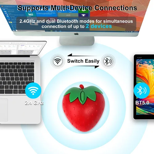 Vista 10 de Ratón inalámbrico Bluetooth con forma de fresa de fruta linda 2.4 GHz y Bluetooth 1000 DPI Ratones ópticos para computadora con receptor USB, mouse