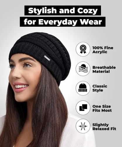 Vista 2 de Gorro de punto grueso para mujer, suave, cálido, elástico, a la moda, elegante gorro de punto trenzado Skully para otoño e invierno