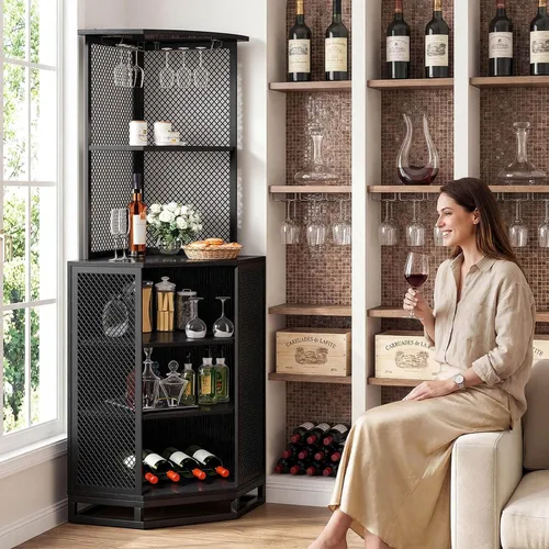 Vista 7 de IBF Armario esquinero de 71 pulgadas de alto para vino con soporte para vidrio, almacenamiento de licor industrial de 5 niveles con estante