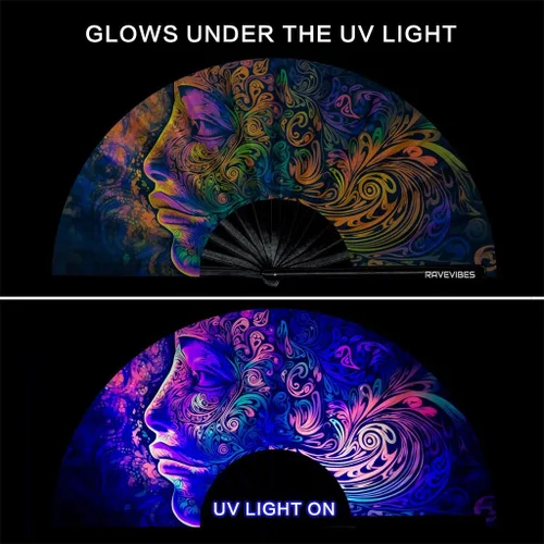 Vista 2 de Ravevibes Ventilador de mano plegable grande de 13 pulgadas, ventilador de bambú para festivales de bambú, ventiladores plegables con brillo UV