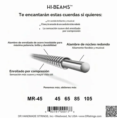 Vista 2 de DR Strings - Hi-Beams - Juego de cuerdas para bajo de 4 cuerdas - Mediano 45-105 - Núcleo redondo de acero inoxidable - Accesorios para bajo (MR-45)