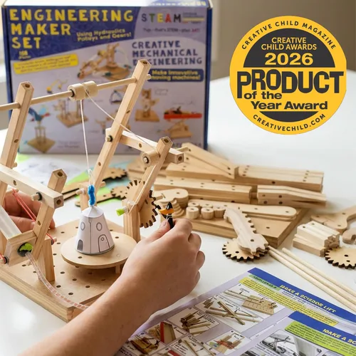 Vista 3 de PATHFINDERS Juego de ingeniería: kit de construcción STEM de madera real Hidráulica, engranajes, palancas y poleas 10 desafíos + 15 tarjetas