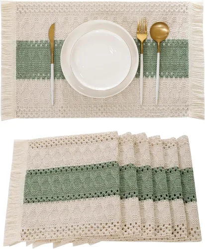 Vista 11 de Juego de 4 manteles individuales verdes de macramé para decoración de mesa con flecos, manteles individuales tejidos de arpillera natural para mesa