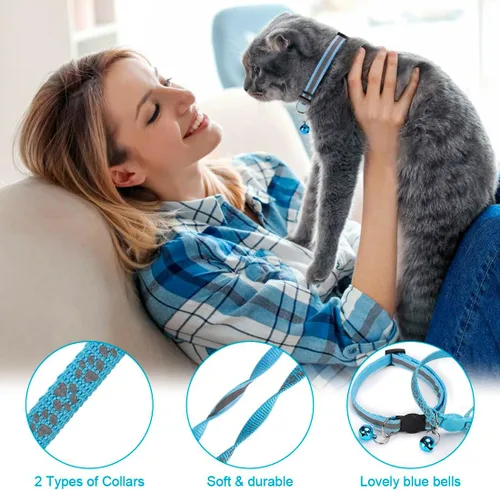 Vista 2 de Paquete de 2 collares reflectantes para gatos con campanas de 7 a 12 pulgadas, color azul Reflective, breakaway buckle, bells included, 7-12 inch