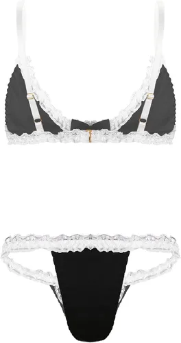 Vista 2 de dPois Womens Lace Trim Strappy Bra Tops with G-String Briefs Maid Cosplay Bikini Set