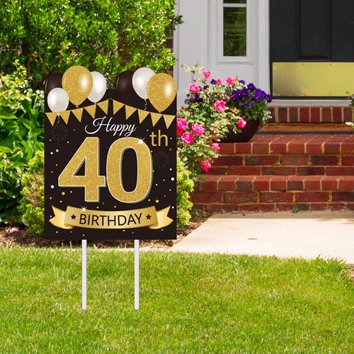 Vista 15 de Letrero grande de patio para fiesta de feliz cumpleaños número 13, negro dorado, letreros de patio de cumpleaños 13 con estacas y decoraciones