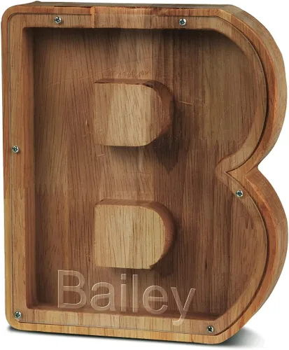 Vista 7 de Alcancía con nombre personalizado, 26 letras láser con texto personalizado, banco de monedas de madera, significado educativo, alcancía con nombre