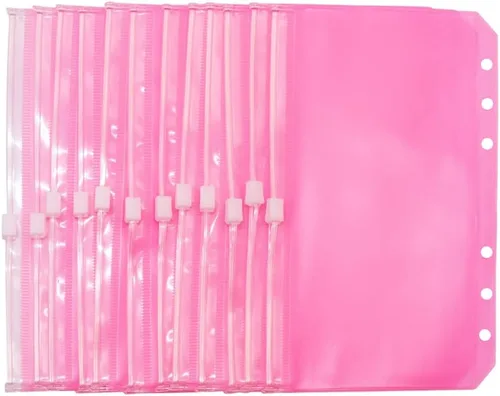 Vista 10 de Bolsillos para carpeta A5, color rosa, 12 unidades, con cremallera, bolsas de hojas sueltas, 6 agujeros, organizador de cremallera de PVC, carpeta