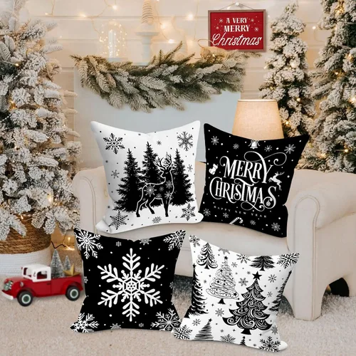 Vista 4 de Lanpn Juego de 4 fundas de almohada de Navidad negras de 12 x 12 pulgadas, fundas de almohada decorativas de invierno, cojín de árbol de Navidad